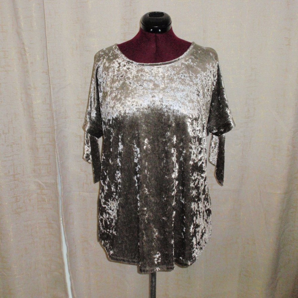 Lane Bryant Silver Gray Crushed Velvet Cold Shoulder Top Blouse Ties Sz 14 16